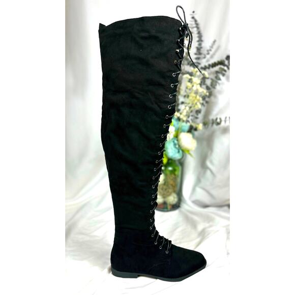 Tall Talk Flat Lace Up Over the Knee Boot - Black 10 - Picture 14 of 16